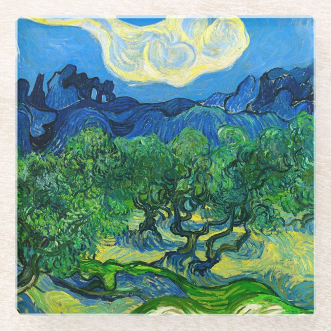 Van Gogh Olive Trees in a Mountainous Landscape Glass Coaster (Front)