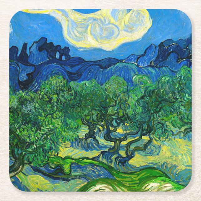 Van Gogh Olive Trees in a Mountainous Landscape Square Paper Coaster (Front)