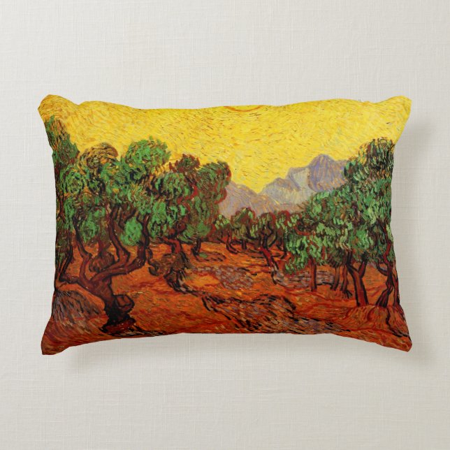Van Gogh Olive Trees with Yellow Sky and Sun Decorative Cushion (Front)
