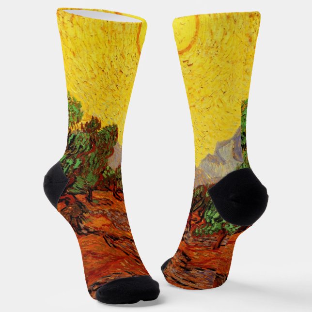 Van Gogh Olive Trees with Yellow Sky and Sun Socks (Angled)