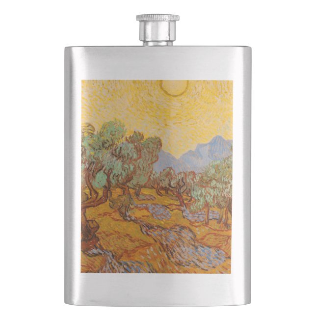 Van Gogh Olive Trees Yellow Sun Sky Hip Flask (Front)