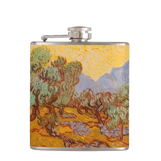 Van Gogh Olive Trees Yellow Sun Sky Hip Flask (Front)