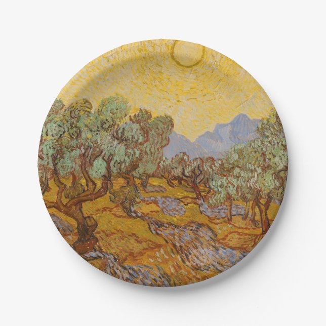 Van Gogh Olive Trees Yellow Sun Sky Paper Plate (Front)