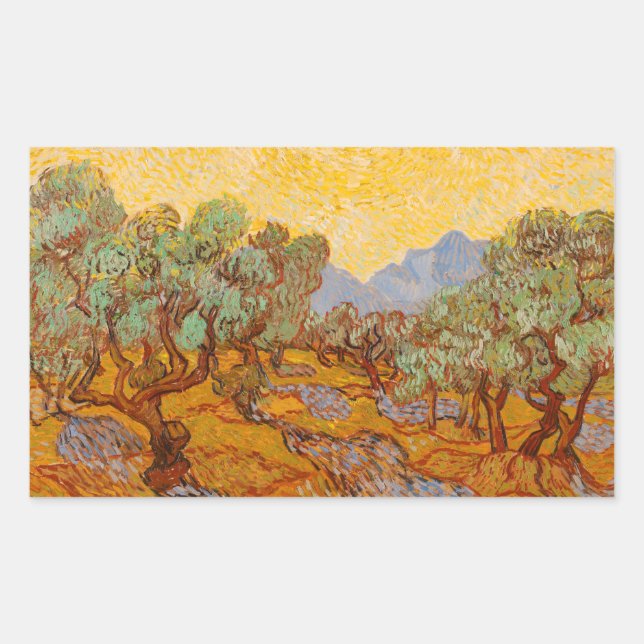 Van Gogh Olive Trees Yellow Sun Sky Rectangular Sticker (Front)