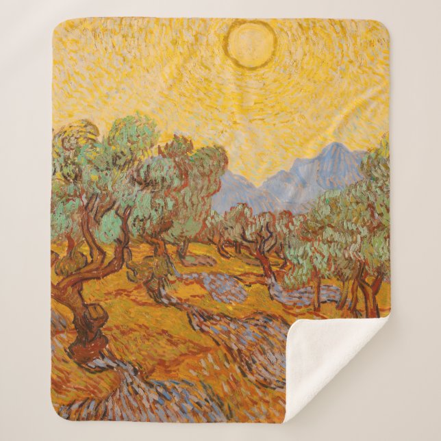 Van Gogh Olive Trees Yellow Sun Sky Sherpa Blanket (Front)