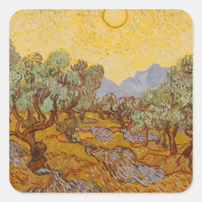Van Gogh Olive Trees Yellow Sun Sky Square Sticker (Front)