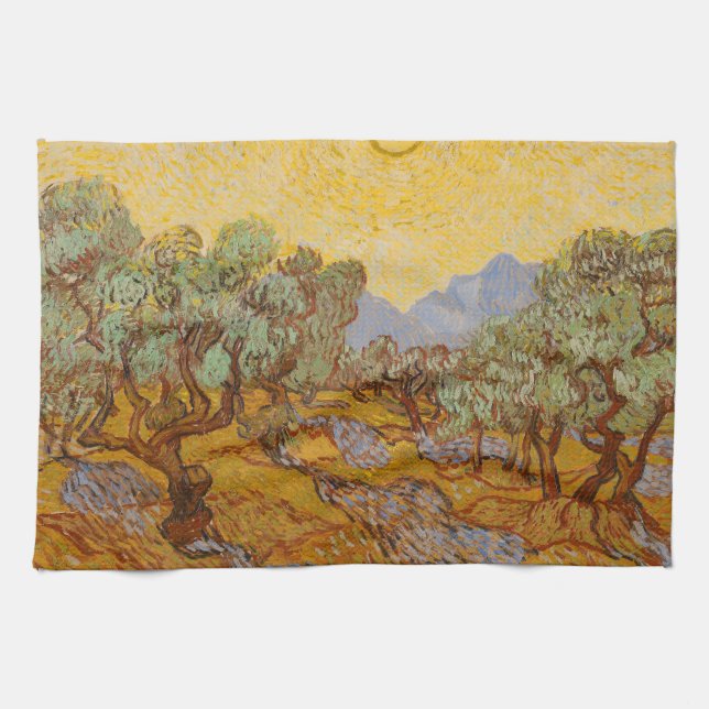 Van Gogh Olive Trees Yellow Sun Sky Tea Towel (Horizontal)