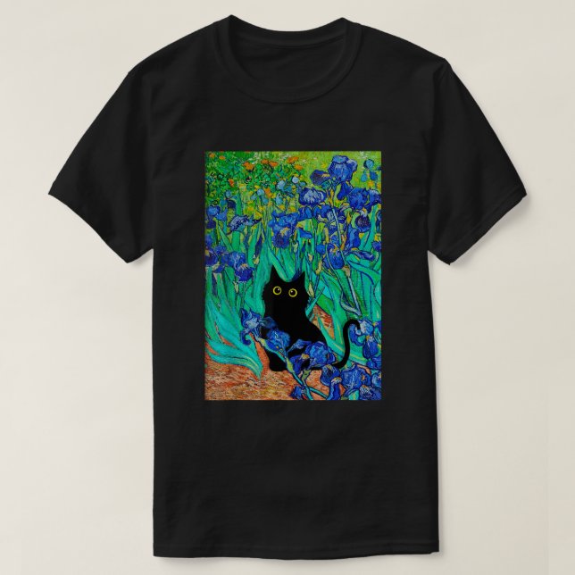 Van Gogh Paintings Irises Flowers Cat Les Iris Cat T-Shirt (Design Front)