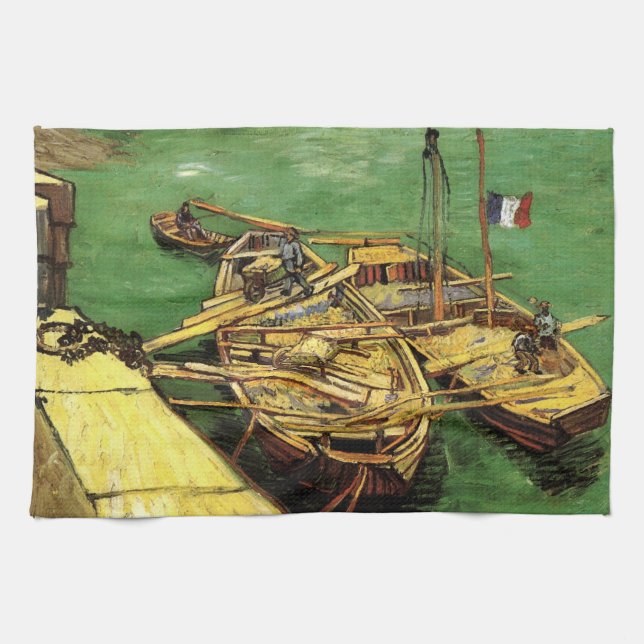 Van Gogh Quay with Men Unloading Sand Barges Tea Towel (Horizontal)