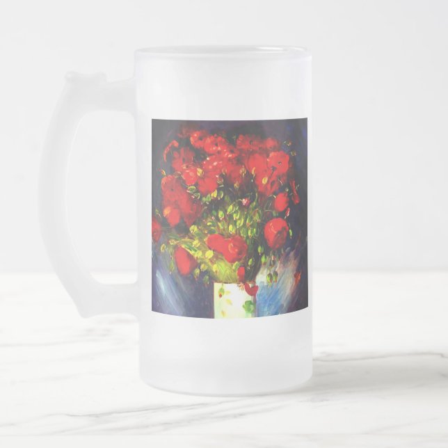 Van Gogh Red Poppies Frosted Glass Beer Mug (Left)
