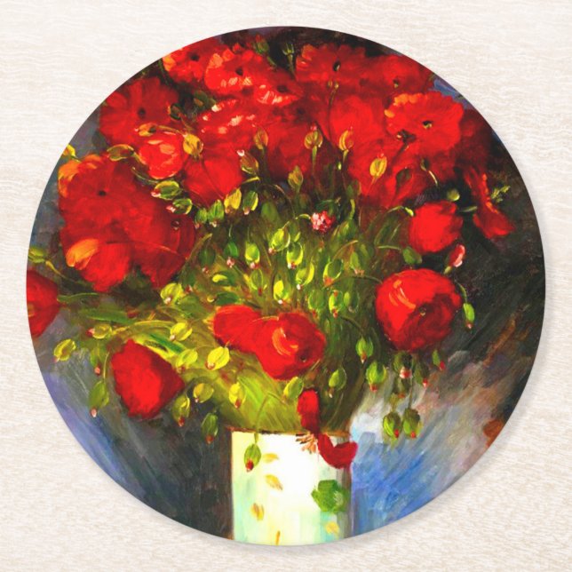 Van Gogh Red Poppies Round Paper Coaster (Front)