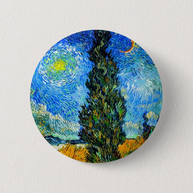 Van Gogh Road with Cypress and Star 6 Cm Round Badge (Front)