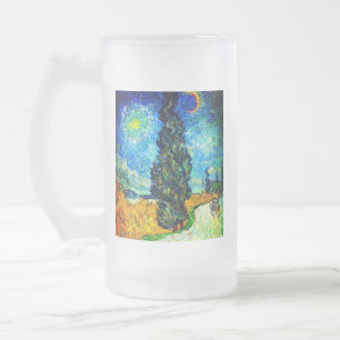Van Gogh Road with Cypress and Star Frosted Glass Beer Mug