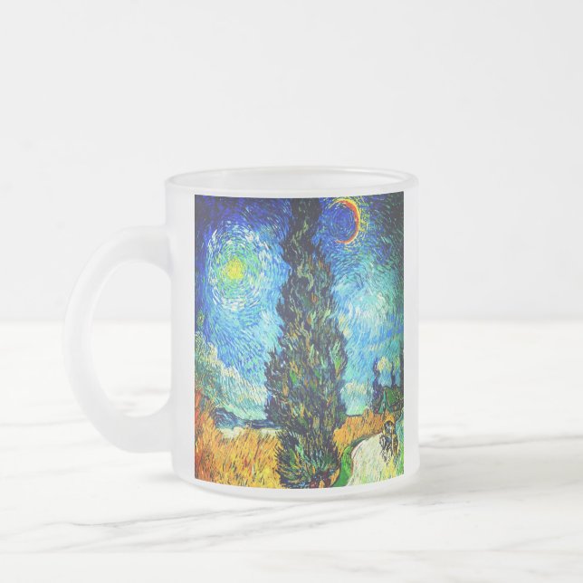 Van Gogh Road with Cypress and Star Frosted Glass Coffee Mug (Left)