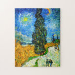 Van Gogh Road with Cypress and Star Jigsaw Puzzle<br><div class="desc">Puzzle featuring Vincent van Gogh’s oil painting Road with Cypress and Star (1890), also known as Country Road in Provence by Night. People walk along a road passing a beautiful cypress tree underneath a blue night sky with yellow moon and stars. A fantastic gift for fans of Post-Impressionism and Dutch...</div>