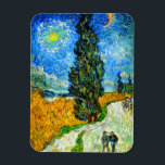 Van Gogh Road with Cypress and Star Magnet<br><div class="desc">Magnet featuring Vincent van Gogh’s oil painting Road with Cypress and Star (1890), also known as Country Road in Provence by Night. People walk along a road passing a beautiful cypress tree underneath a blue night sky with yellow moon and stars. A fantastic gift for fans of Post-Impressionism and Dutch...</div>