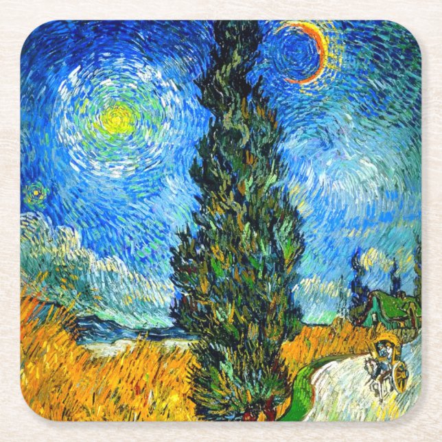 Van Gogh Road with Cypress and Star Square Paper Coaster (Front)