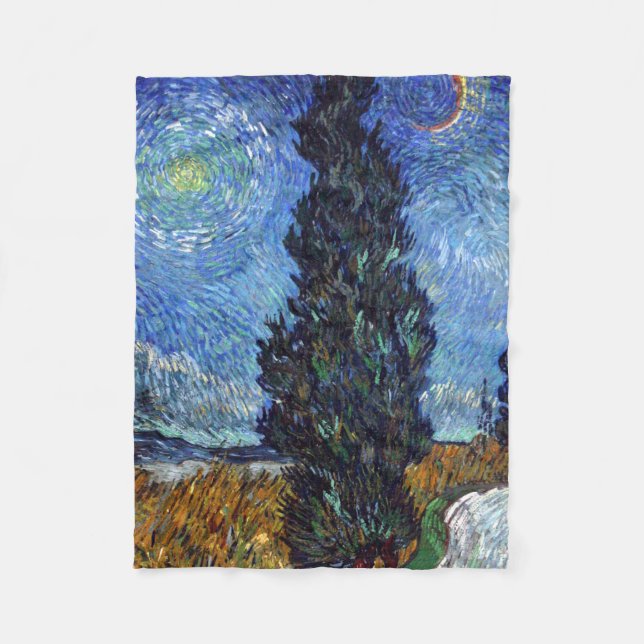 Van Gogh Road With Cypresses Impressionism Fleece Blanket (Front)