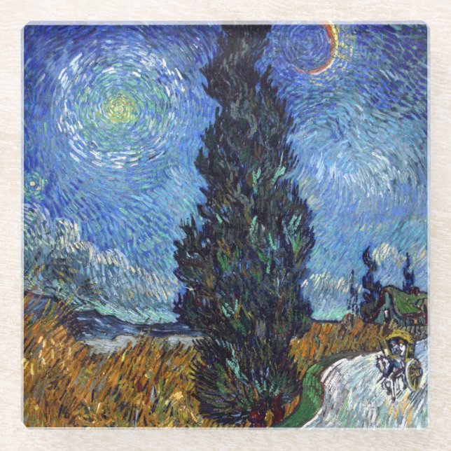 Van Gogh Road With Cypresses Impressionism Glass Coaster (Front)