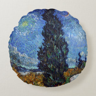 Van Gogh Road With Cypresses Impressionism Round Cushion