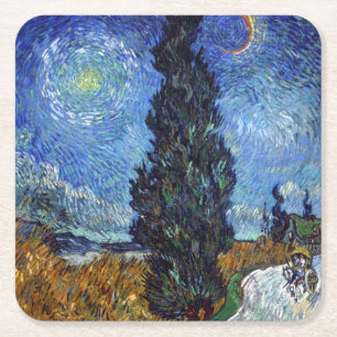 Van Gogh Road With Cypresses Impressionism Square Paper Coaster