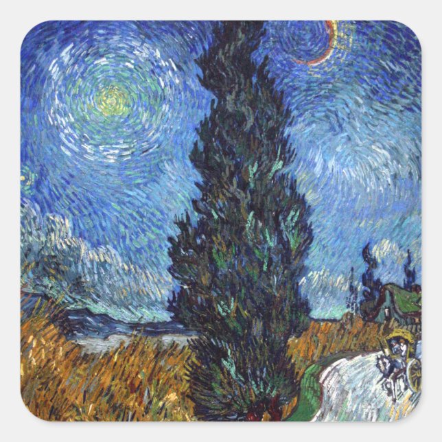 Van Gogh Road With Cypresses Impressionism Square Sticker (Front)
