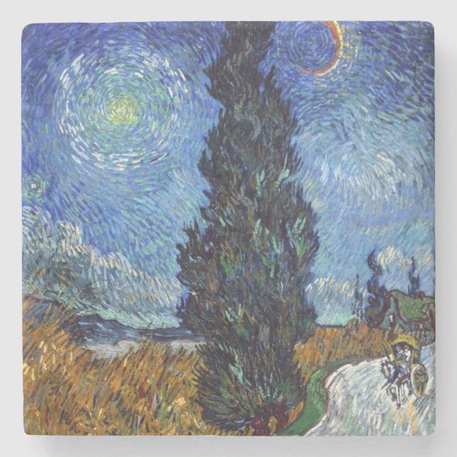 Van Gogh Road With Cypresses Impressionism Stone Coaster (Front)
