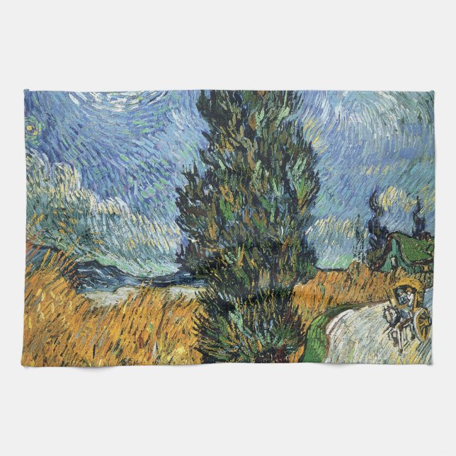 Van Gogh Road With Cypresses Impressionism Tea Towel (Horizontal)