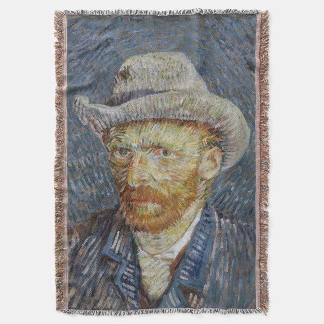 Van Gogh Self Portrait Grey Felt Hat Painting Art Throw Blanket (Front Vertical)