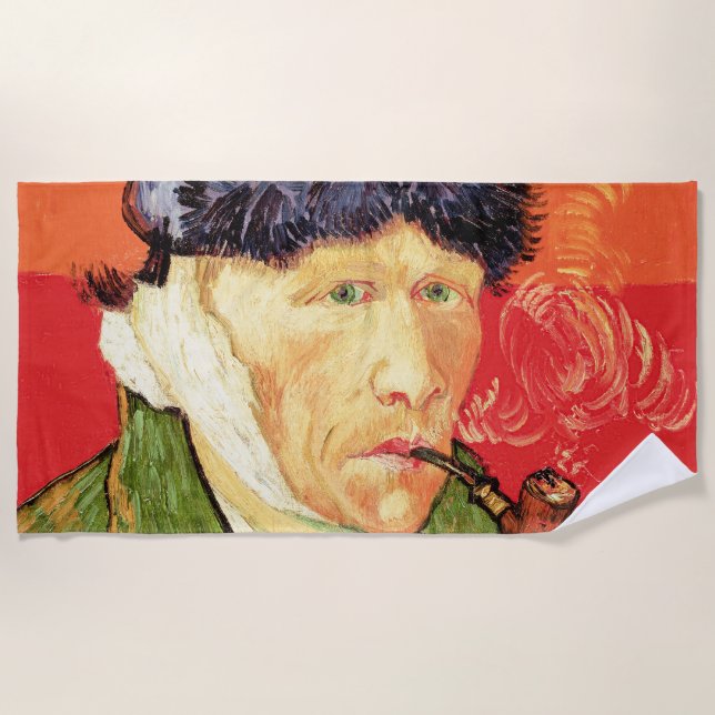 Van Gogh - Self Portrait with Bandaged Ear & Pipe Beach Towel (Front)
