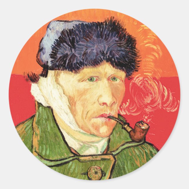 Van Gogh - Self Portrait with Bandaged Ear & Pipe Classic Round Sticker (Front)