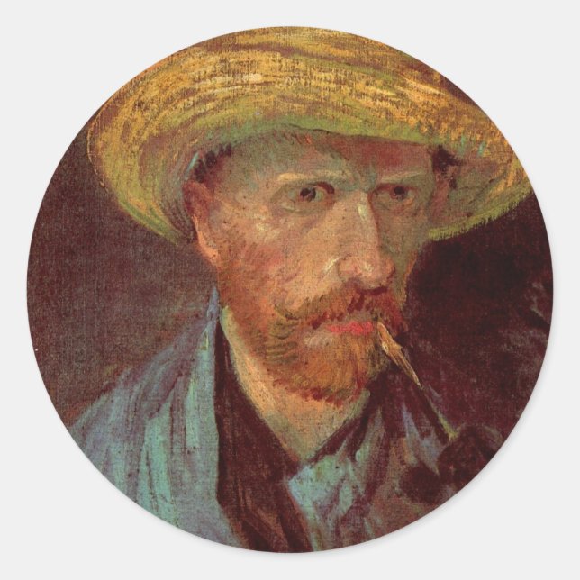 Van Gogh Self Portrait with Straw Hat and Pipe Classic Round Sticker (Front)