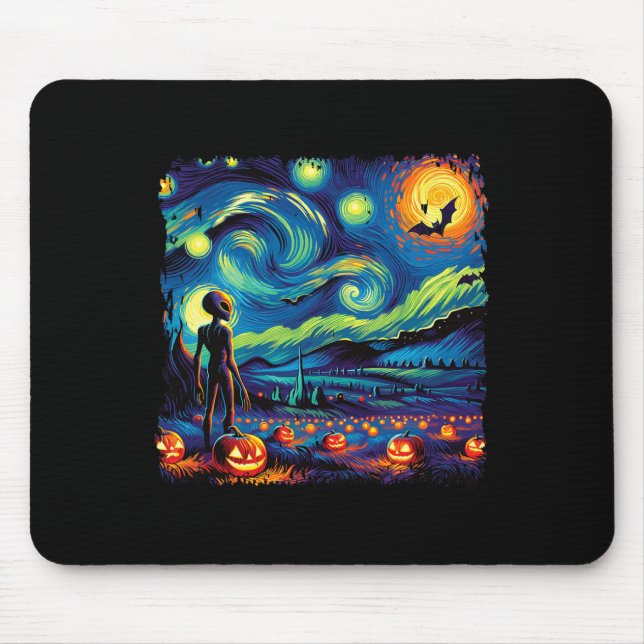 Van Gogh Starry Night Alien Man Halloween Fall Pum Mouse Mat (Front)