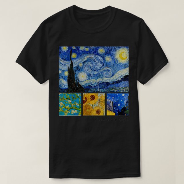 Van Gogh Starry Night, Almond Blossoms, Sunflowers T-Shirt (Design Front)