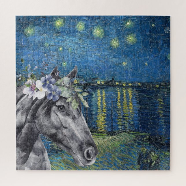 Van Gogh Starry Night and Black Horse Compilation Jigsaw Puzzle (Vertical)