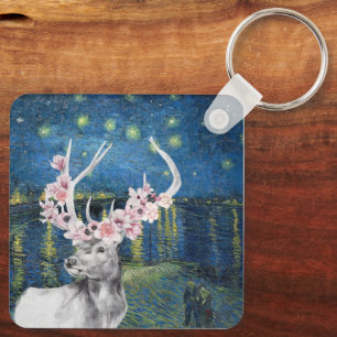 Van Gogh Starry Night and Flower Stag Compilation  Key Ring