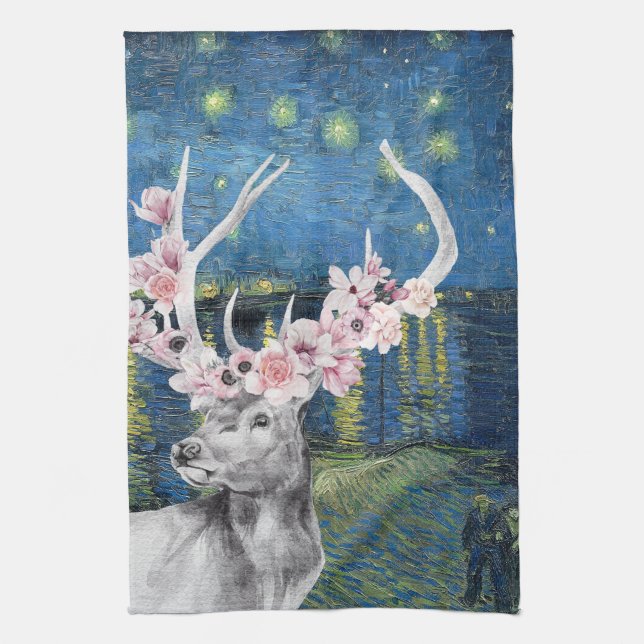 Van Gogh Starry Night and Flower Stag Compilation  Tea Towel (Vertical)