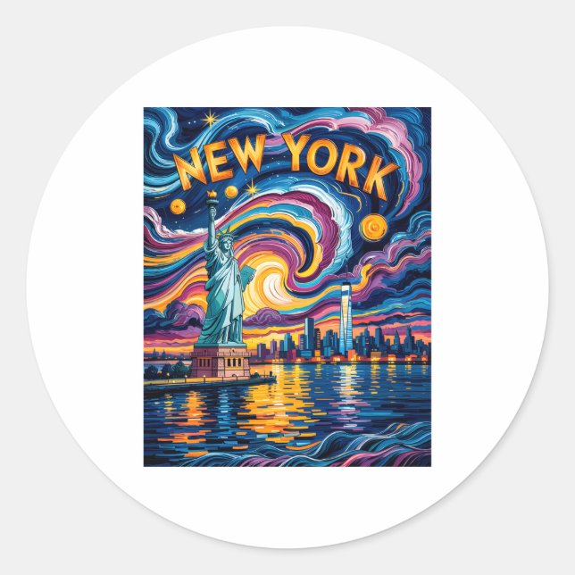 Van Gogh Starry Night Art New York Liberty Skyline Classic Round Sticker (Front)