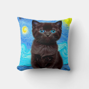 Van Gogh Starry Night Black Cat Cushion
