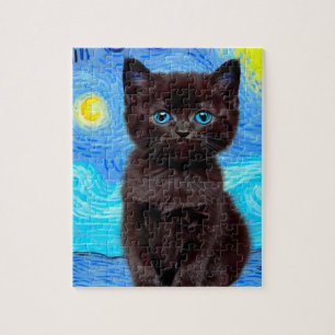 Van Gogh Starry Night Black Cat Jigsaw Puzzle