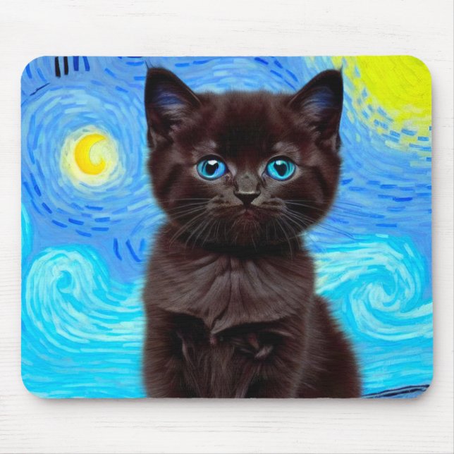 Van Gogh Starry Night Black Cat Mouse Mat (Front)