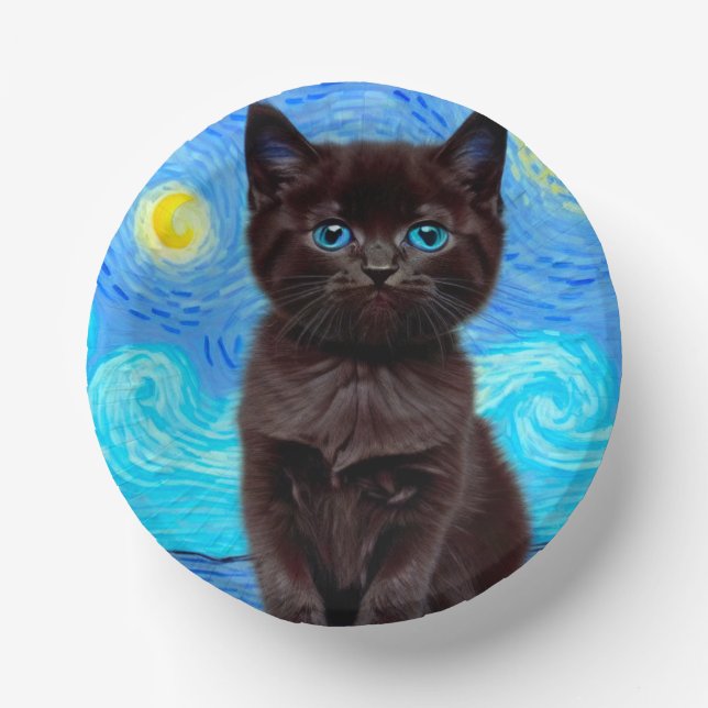Van Gogh Starry Night Black Cat Paper Plate (Front)