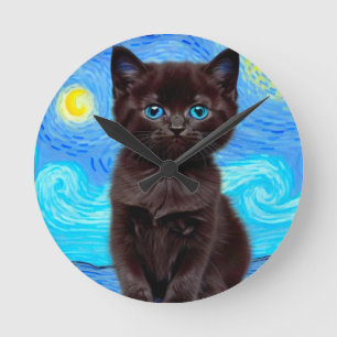 Van Gogh Starry Night Black Cat Round Clock