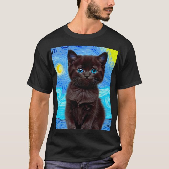 Van Gogh Starry Night Black Cat T-Shirt (Front)