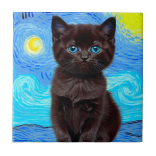 Van Gogh Starry Night Black Cat Tile