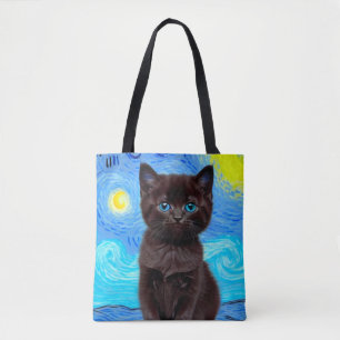 Van Gogh Starry Night Black Cat Tote Bag