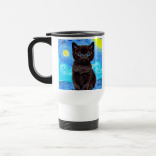 Van Gogh Starry Night Black Cat Travel Mug