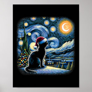 Van Gogh Starry Night Cat Funny Black Cat Christma Poster