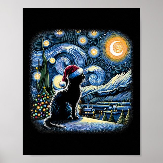 Van Gogh Starry Night Cat Funny Black Cat Christma Poster (Front)