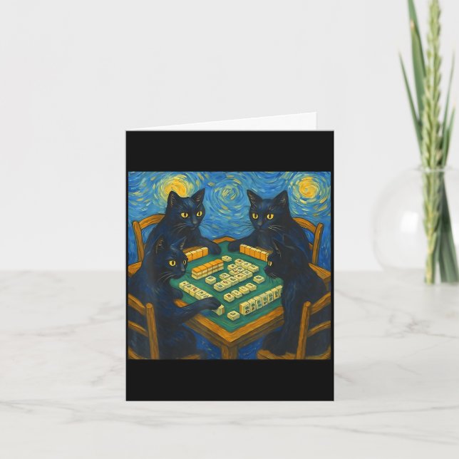 Van gogh starry night cat playing mahjong chinese card (Front)